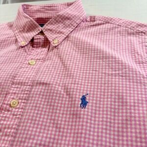 Polo Ralph Lauren Mens Large Pink Gingham Short Sleeve Button Down Shirt Cotton